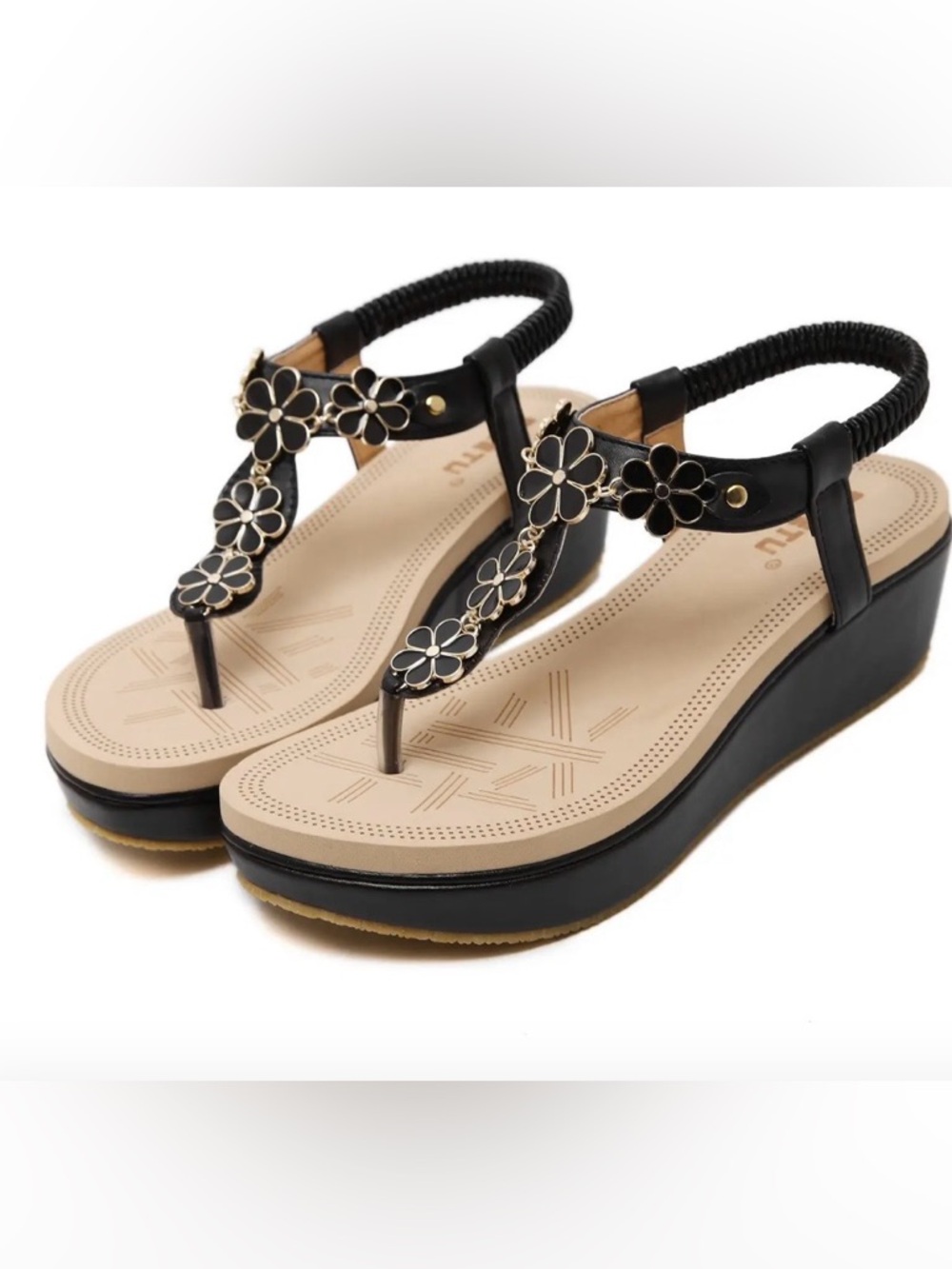 Siketa Bohemian Black Floral Thong Wedge Sandals Sz 39